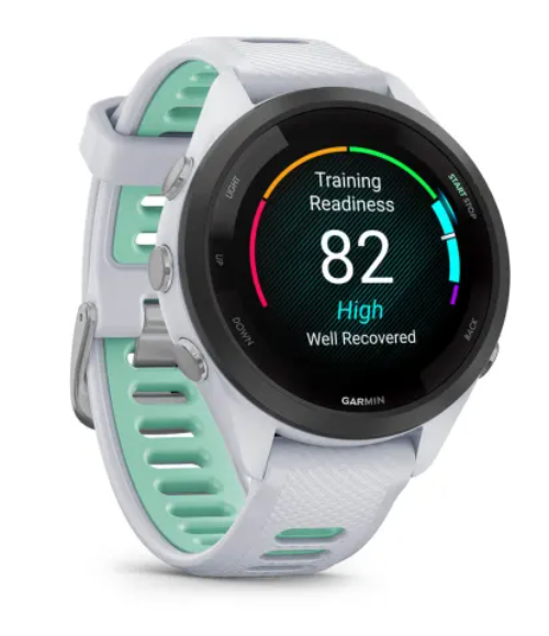 Garmin Forerunner® 265S (42mm) Black Bezel with Whitestone Case and Whitestone/Neo Tropic Silicone Band