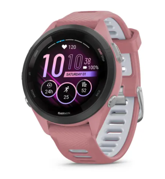 Garmin Forerunner® 265S (42mm) Black Bezel with Light Pink Case and Light Pink/Powder Grey Silicone Band