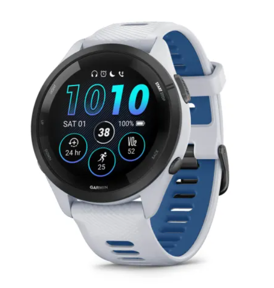 Garmin Forerunner® 265 (46mm) Black Bezel with Whitestone Case and Whitestone/Tidal Blue Silicone Band