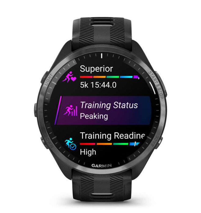 Garmin Forerunner® 965 Carbon Gray DLC Titanium Bezel with Black Case and Black/Powder Gray Silicone Band
