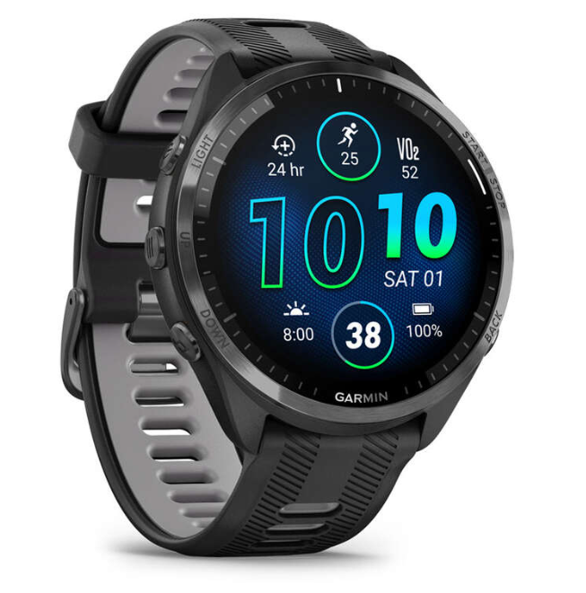 Garmin Forerunner® 965 Carbon Gray DLC Titanium Bezel with Black Case and Black/Powder Gray Silicone Band