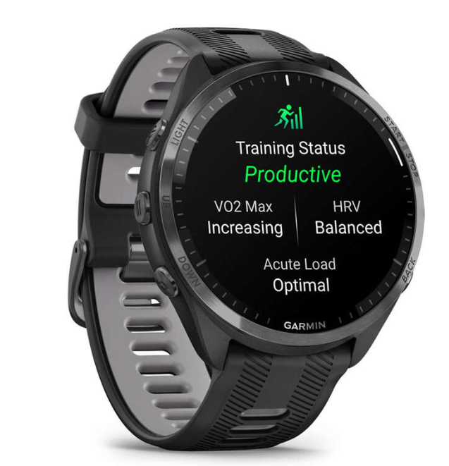 Garmin Forerunner® 965 Carbon Gray DLC Titanium Bezel with Black Case and Black/Powder Gray Silicone Band