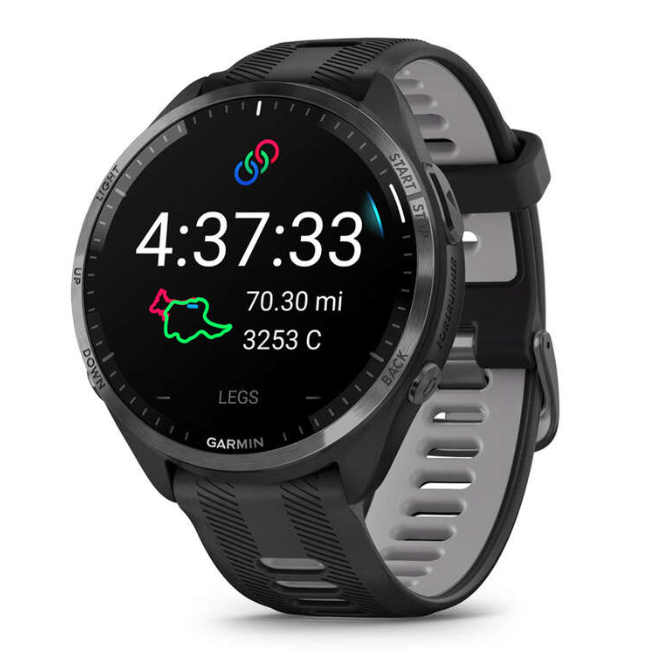 Garmin Forerunner® 965 Carbon Gray DLC Titanium Bezel with Black Case and Black/Powder Gray Silicone Band