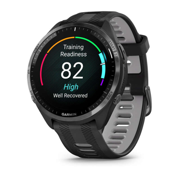 Garmin Forerunner® 965 Carbon Gray DLC Titanium Bezel with Black Case and Black/Powder Gray Silicone Band
