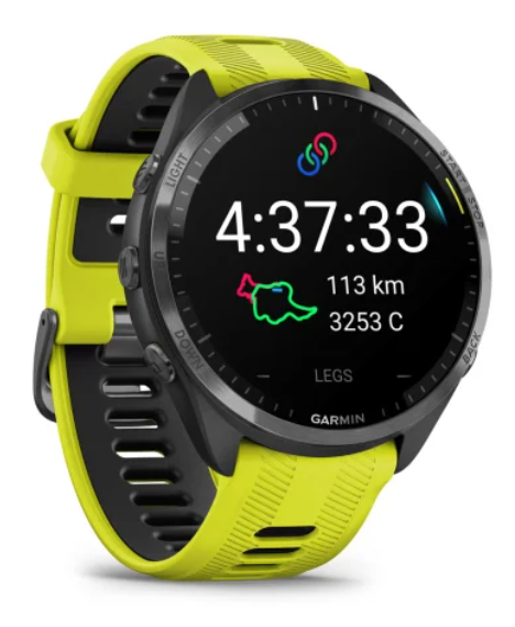 Garmin Forerunner® 965 Carbon Grey DLC Titanium Bezel with Black Case and Amp Yellow/Black Silicone Band