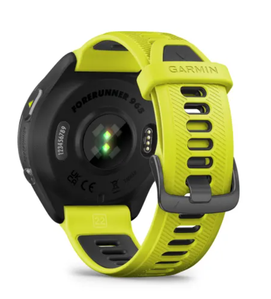 Garmin Forerunner® 965 Carbon Grey DLC Titanium Bezel with Black Case and Amp Yellow/Black Silicone Band