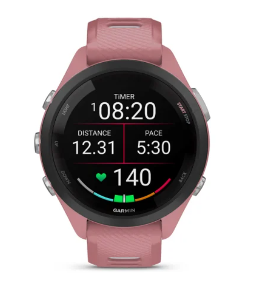 Garmin Forerunner® 265S (42mm) Black Bezel with Light Pink Case and Light Pink/Powder Grey Silicone Band