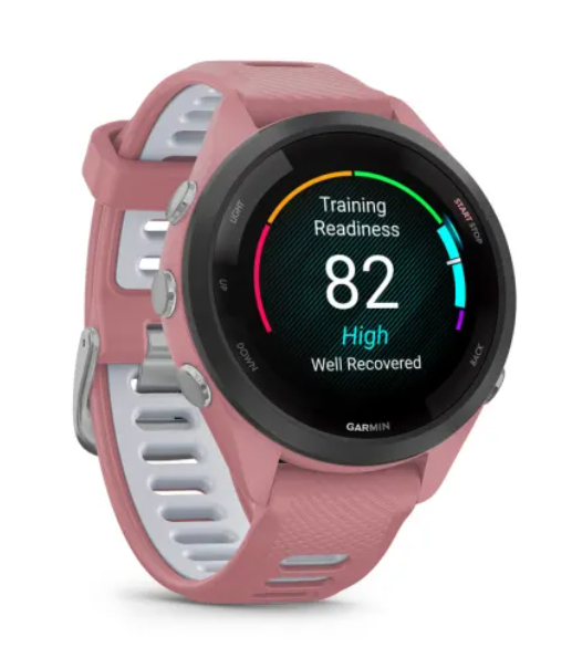 Garmin Forerunner® 265S (42mm) Black Bezel with Light Pink Case and Light Pink/Powder Grey Silicone Band