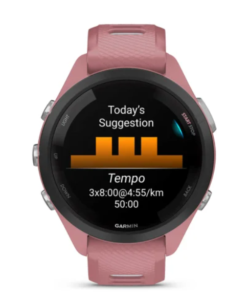 Garmin Forerunner® 265S (42mm) Black Bezel with Light Pink Case and Light Pink/Powder Grey Silicone Band