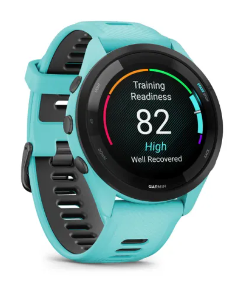 Garmin Forerunner® 265 (46mm) Black Bezel with Aqua Case and Aqua/Black Silicone Band