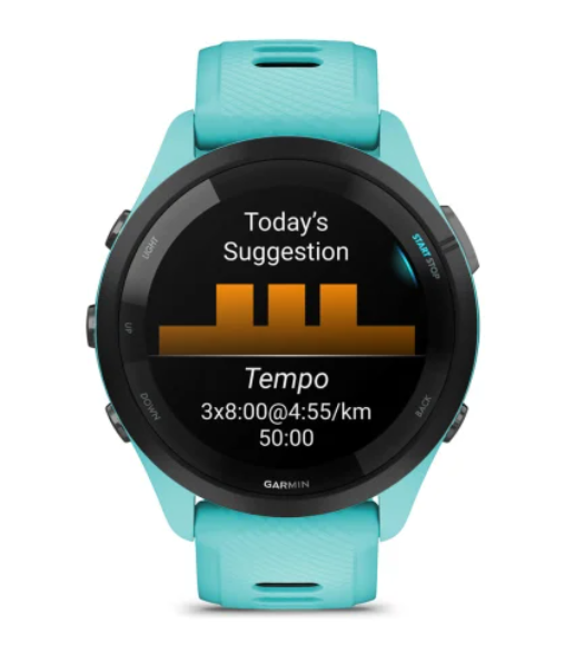 Garmin Forerunner® 265 (46mm) Black Bezel with Aqua Case and Aqua/Black Silicone Band