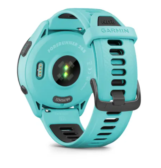 Garmin Forerunner® 265 (46mm) Black Bezel with Aqua Case and Aqua/Black Silicone Band