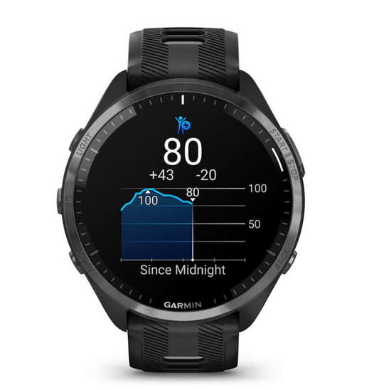 Garmin Forerunner® 965 Carbon Gray DLC Titanium Bezel with Black Case and Black/Powder Gray Silicone Band