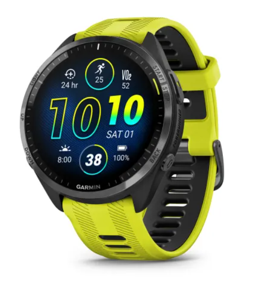 Garmin Forerunner® 965 Carbon Grey DLC Titanium Bezel with Black Case and Amp Yellow/Black Silicone Band