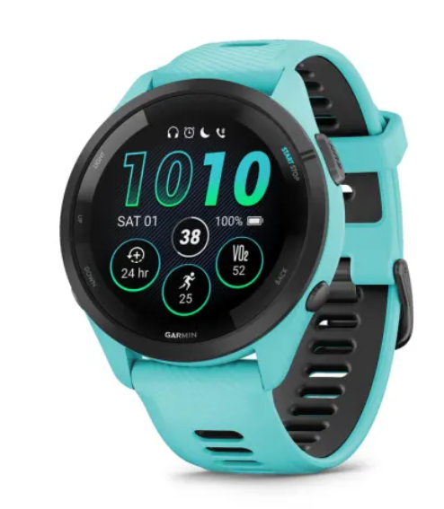 Garmin Forerunner® 265 (46mm) Black Bezel with Aqua Case and Aqua/Black Silicone Band