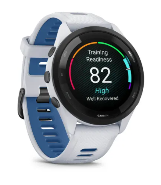 Garmin Forerunner® 265 (46mm) Black Bezel with Whitestone Case and Whitestone/Tidal Blue Silicone Band