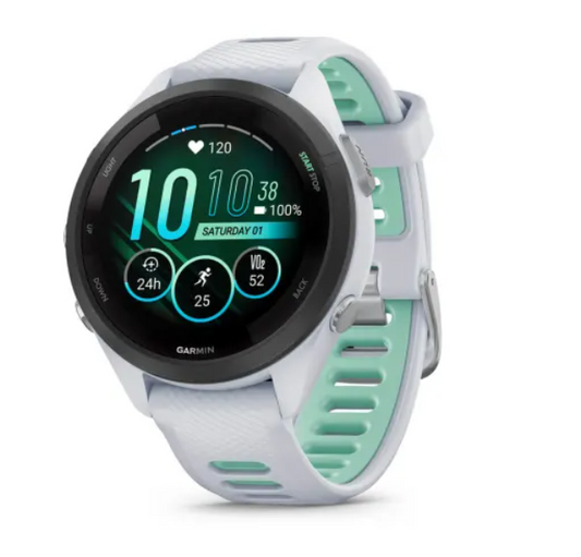 Garmin Forerunner® 265S (42mm) Black Bezel with Whitestone Case and Whitestone/Neo Tropic Silicone Band